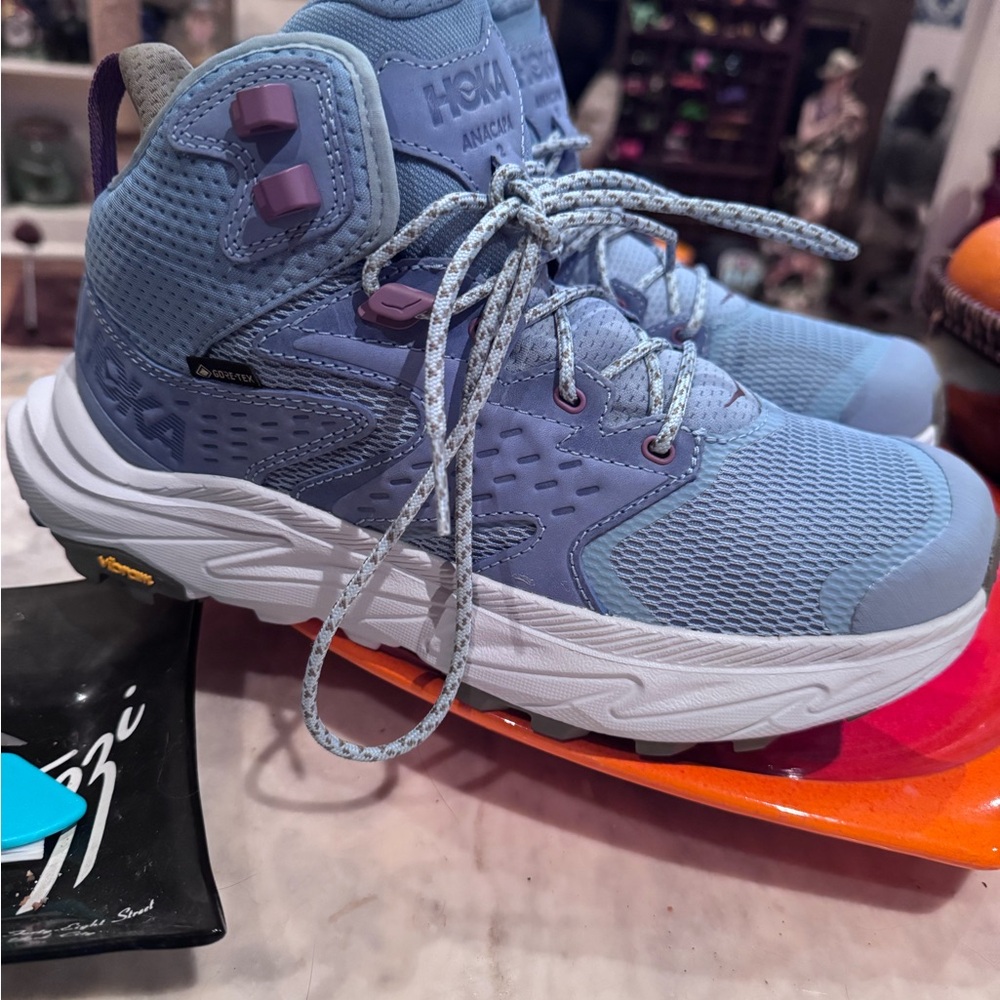 LIKE NEW HOKA ONE ONE ANACAPA MID GTX GORETEX SUEDE BLUE HIKING BOOTS SNEAKERS - Picture 2 of 10
